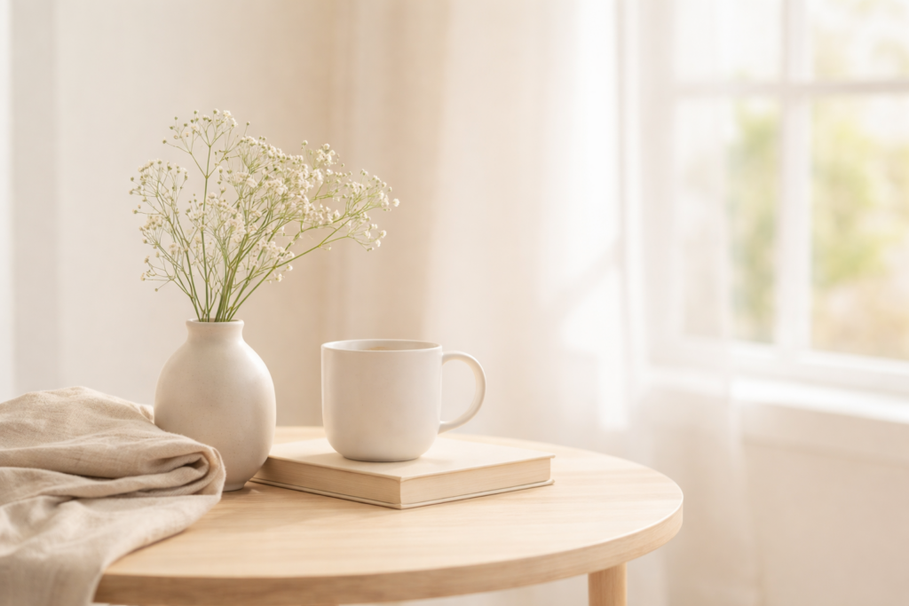 Heller, ruhiger Praxisraum mit Tageslicht und warmen Materialien